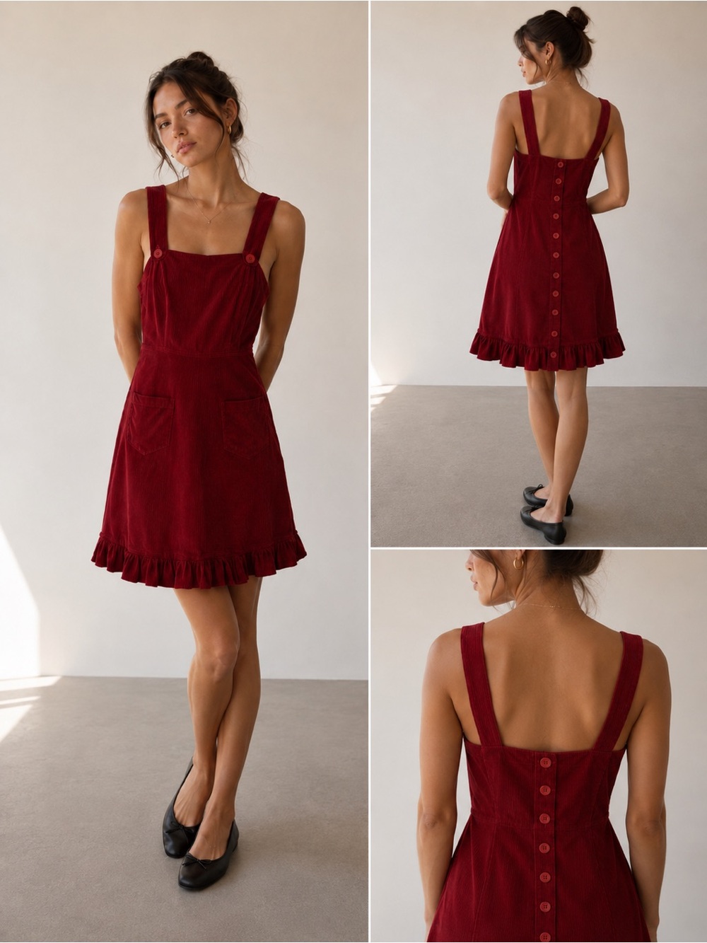 Women’s Burgundy corduroy Ruffle Hem Pinafore Dress